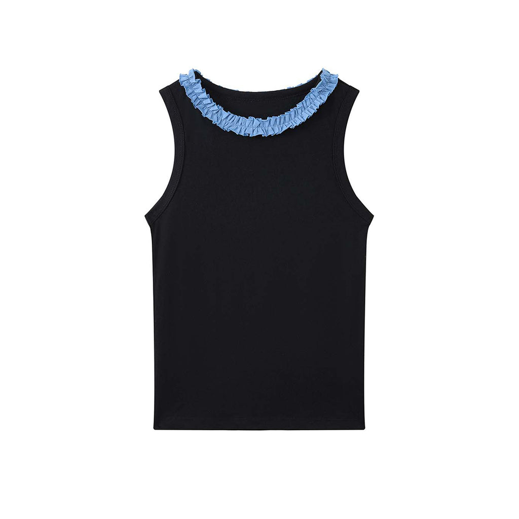 Sleeveless Cotton Blend Tank Top Ruffle Neck Slim Fit Soft Casual Basic Top