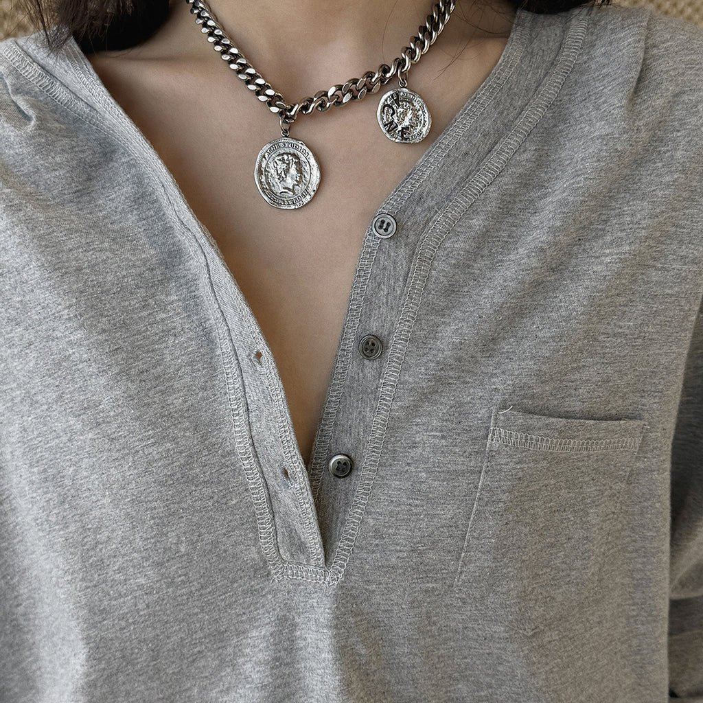 Loose fit v neck long sleeve button shirt top