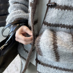 Retro striped horn button plush knitted cardigan top