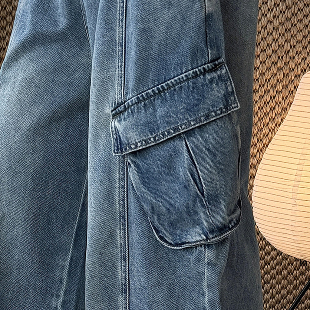 American style spliced large pocket loose wide leg jeans