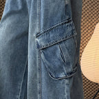 American style spliced large pocket loose wide leg jeans