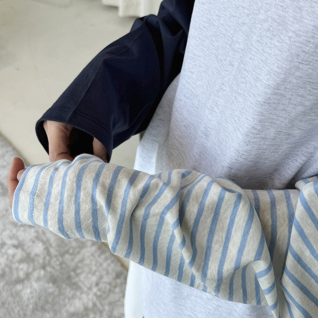 Color blocking striped patchwork round neck loose T-shirt top