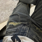 Retro ripped multi pocket loose silhouette jeans
