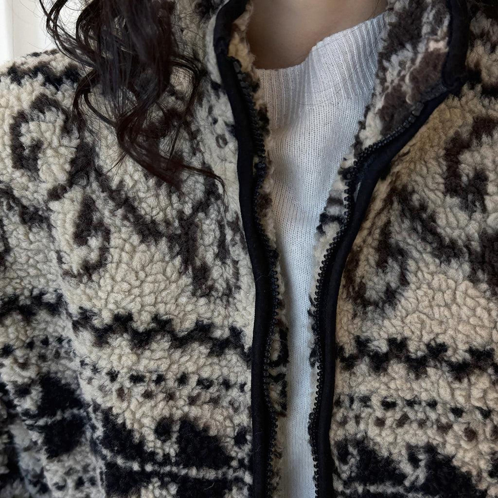 Retro Rolled Leaf Jacquard Lamb Fur Stand-Up Collar Thermal Fluffy Thick Coat