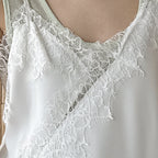 V-neck lace slimming base strap asymmetrical hem top