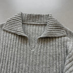 Flip collar knitted lazy V-neck sweater with belt