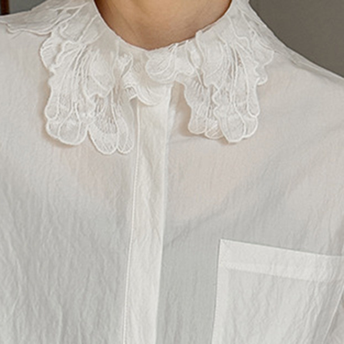 French lace lapel long sleeved button up shirt