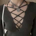 Cross tied V-neck knitted slim fit long sleeve top