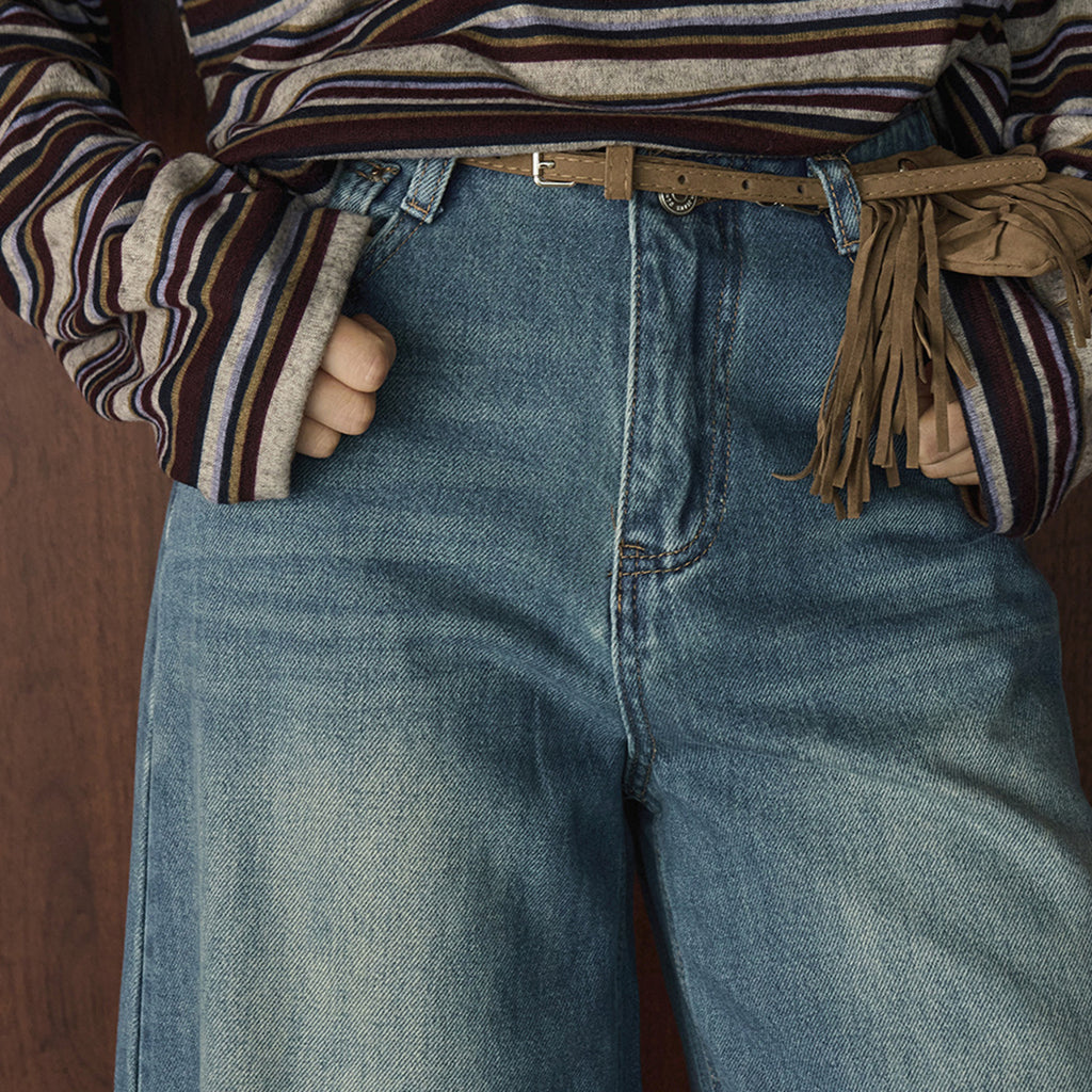 Retro washed loose micro flared jeans with belt