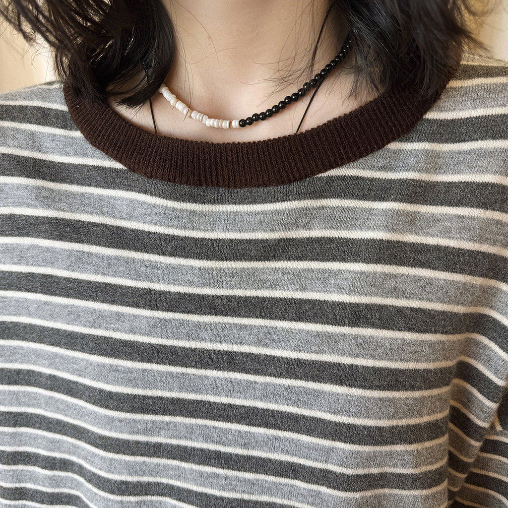 Color blocking round neck striped loose T-shirt