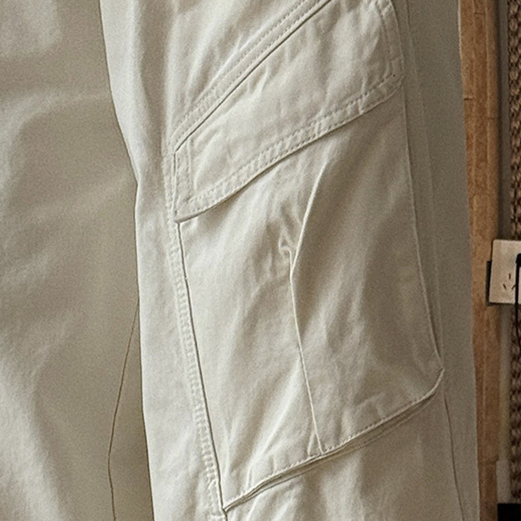 Pleated straight leg large pocket loose denim cargo pants