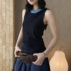 Sleeveless Cotton Blend Tank Top Ruffle Neck Slim Fit Soft Casual Basic Top