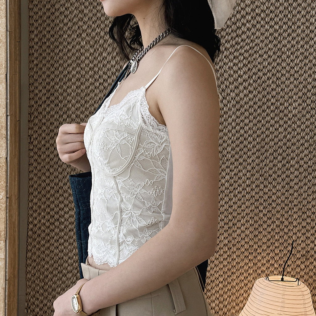 Lace cami top women slim fit corset style spaghetti strap sexy tank top