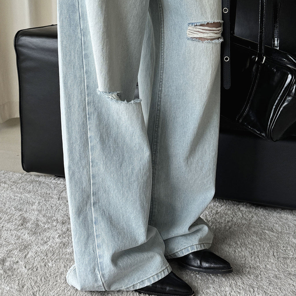 High waisted washed ripped straight leg jeans