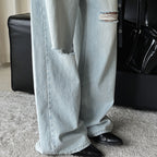 High waisted washed ripped straight leg jeans