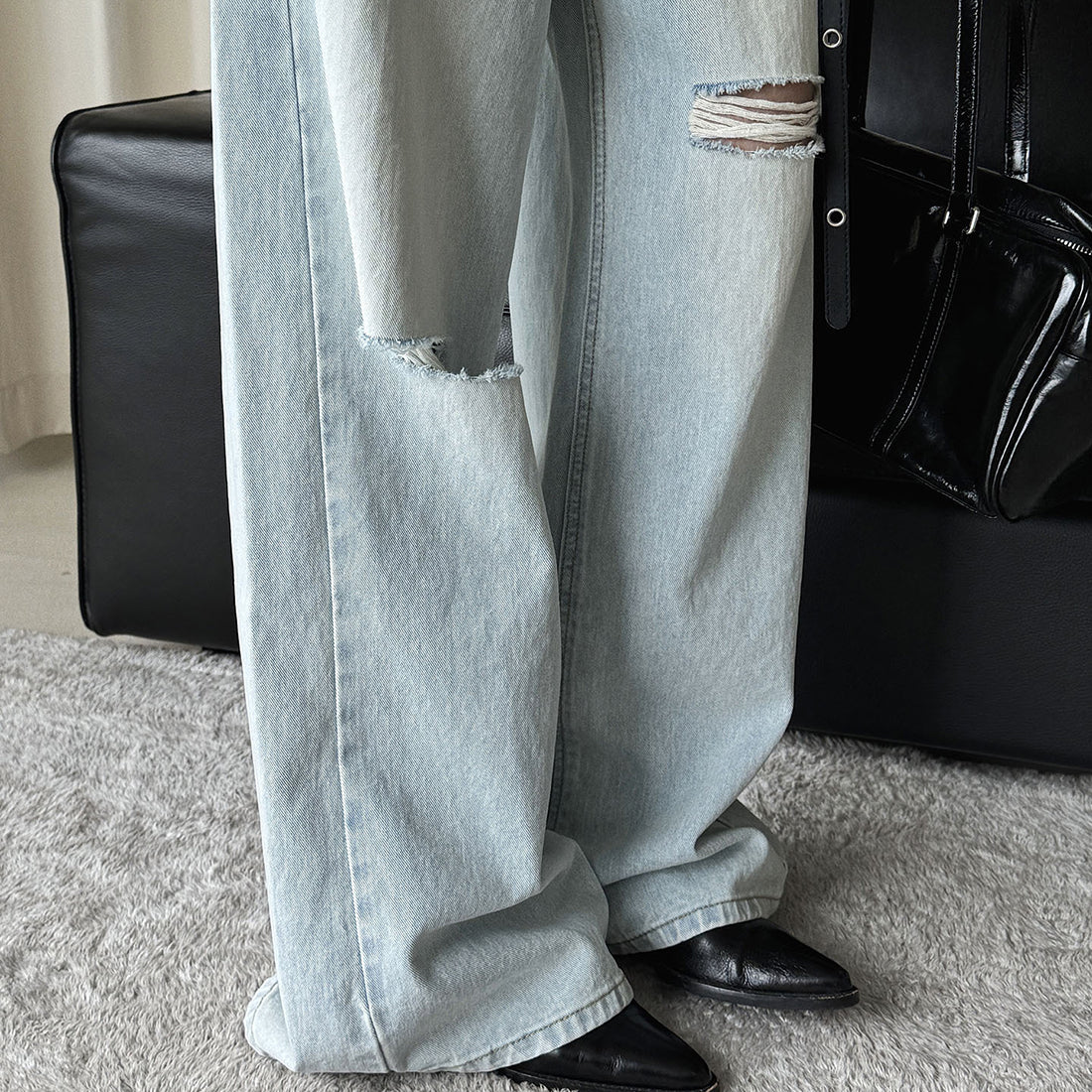 High waisted washed ripped straight leg jeans