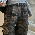 Pleated camouflage large pocket denim cargo pants