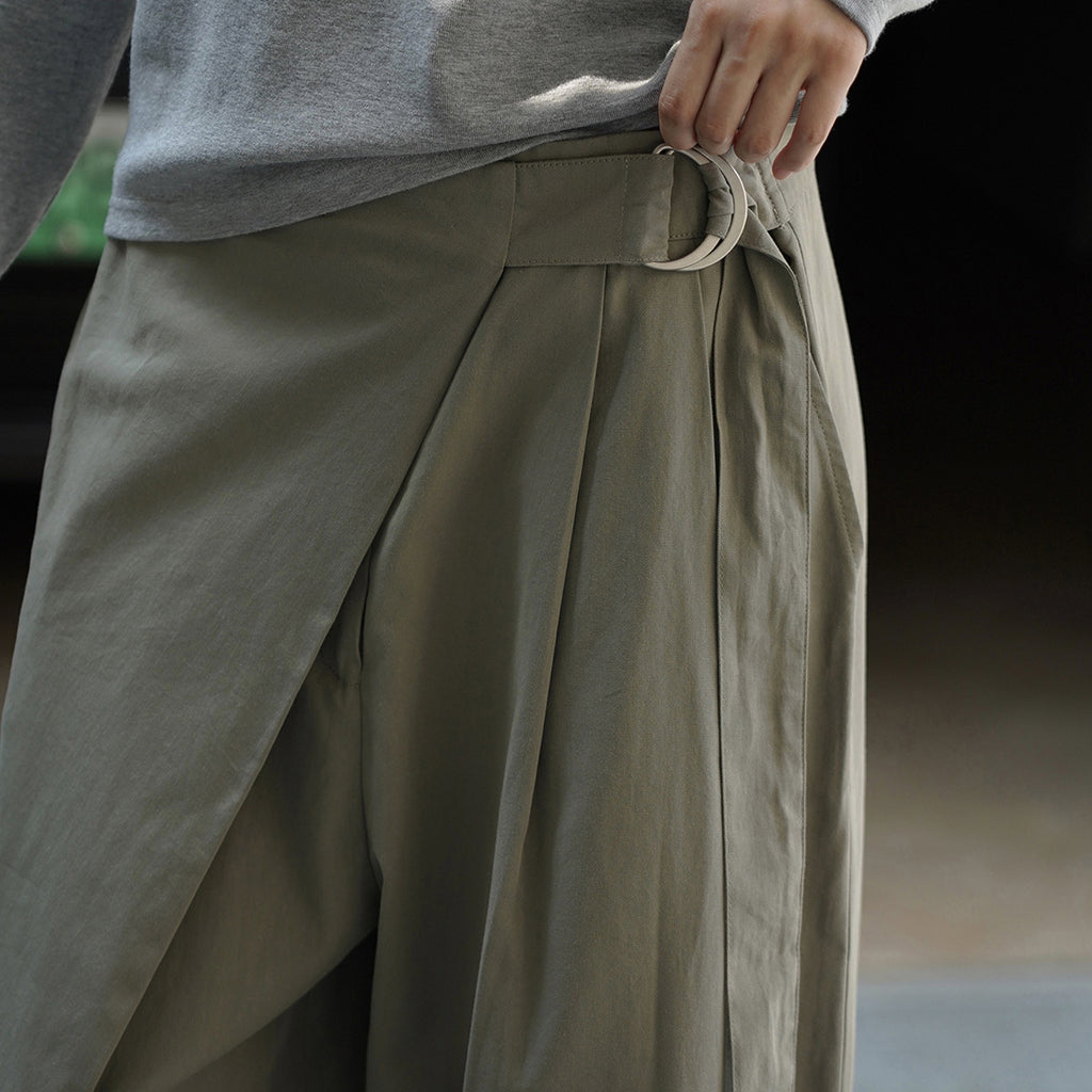 Retro slanted placket belt strap casual loose slimming pants