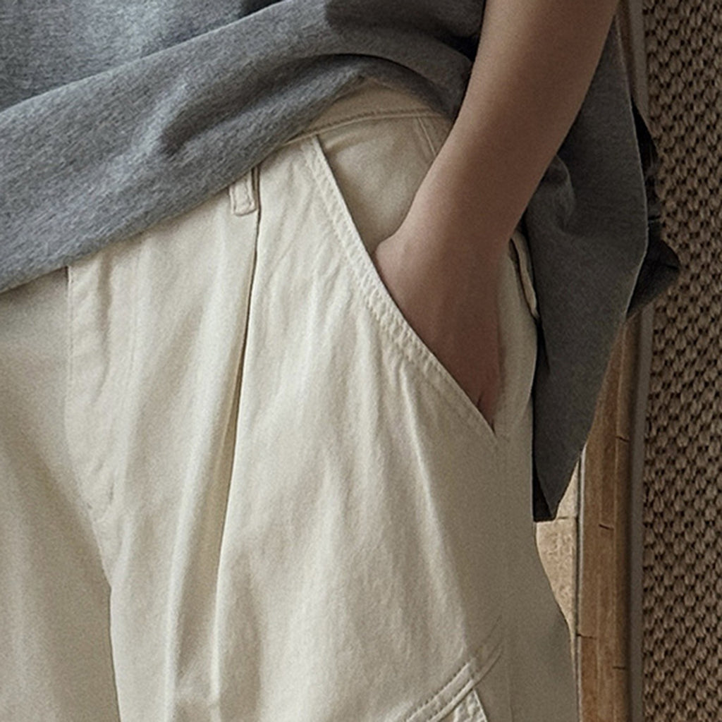 Pleated straight leg large pocket loose denim cargo pants