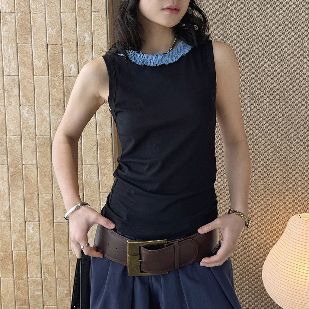 Sleeveless Cotton Blend Tank Top Ruffle Neck Slim Fit Soft Casual Basic Top