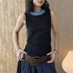 Sleeveless Cotton Blend Tank Top Ruffle Neck Slim Fit Soft Casual Basic Top