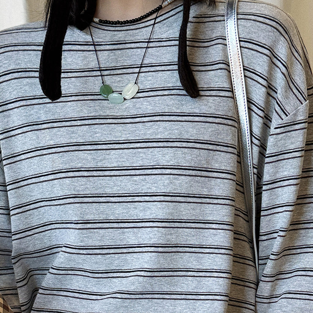 Retro minimalist round neck striped contrasting T-shirt top