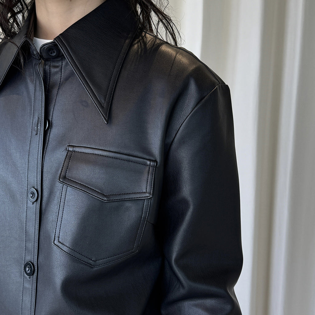 Big collar PU leather button jacket top