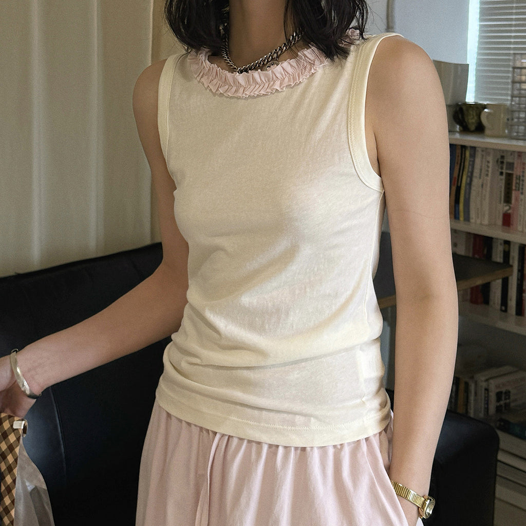 Sleeveless Cotton Blend Tank Top Ruffle Neck Slim Fit Soft Casual Basic Top