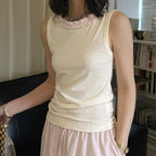 Sleeveless Cotton Blend Tank Top Ruffle Neck Slim Fit Soft Casual Basic Top