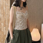 Lace cami top women slim fit corset style spaghetti strap sexy tank top