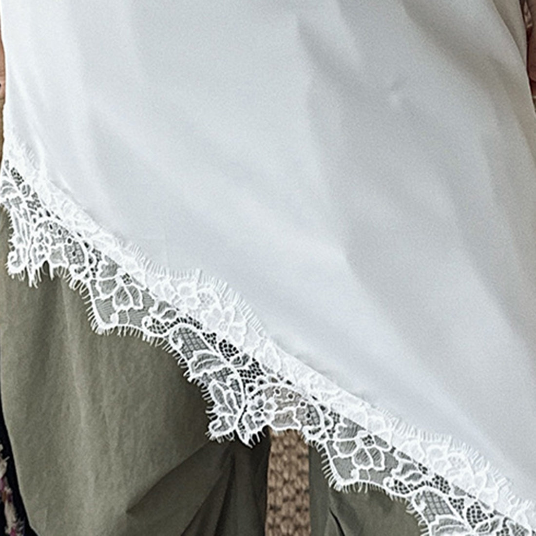 V-neck lace slimming base strap asymmetrical hem top