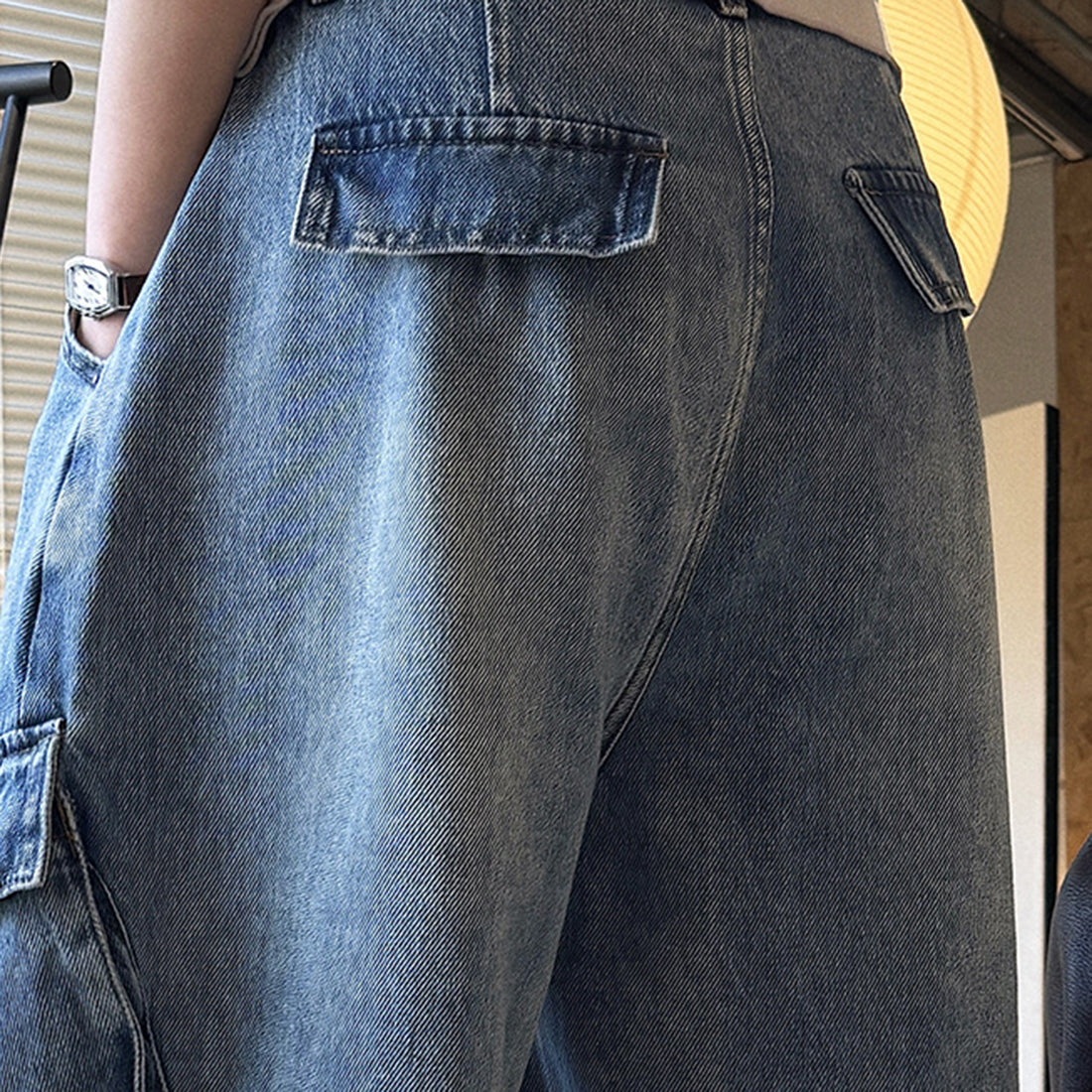 American style spliced large pocket loose wide leg jeans