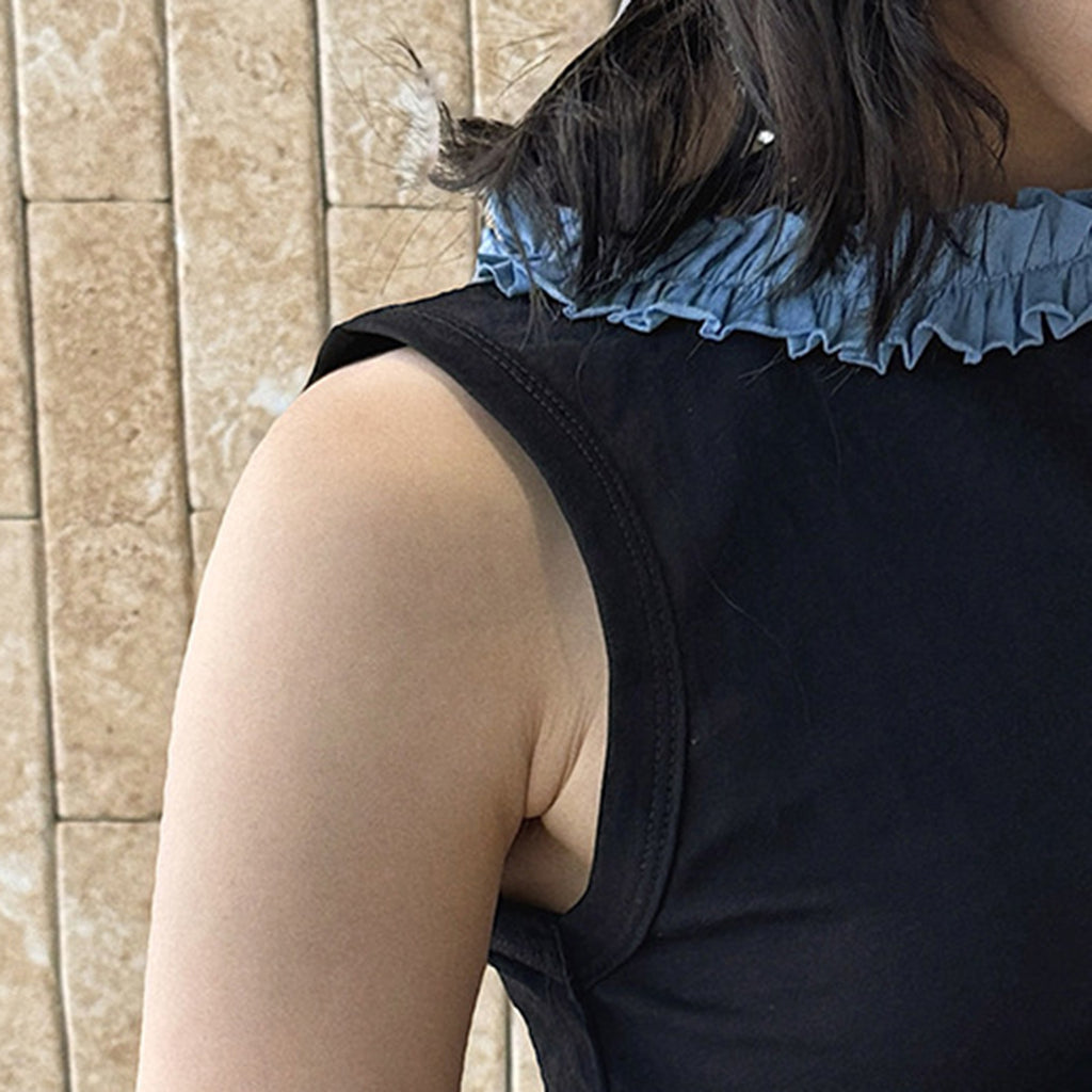Sleeveless Cotton Blend Tank Top Ruffle Neck Slim Fit Soft Casual Basic Top