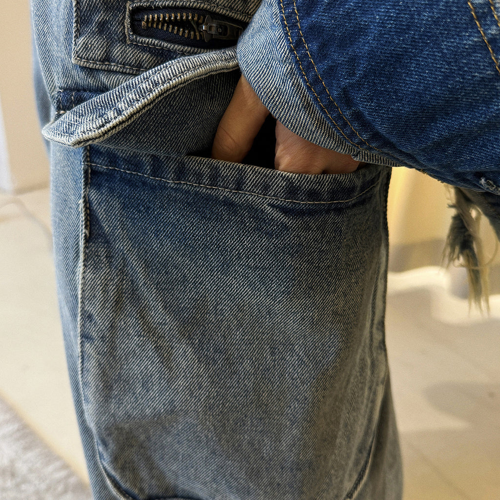 Retro ripped multi pocket loose silhouette jeans