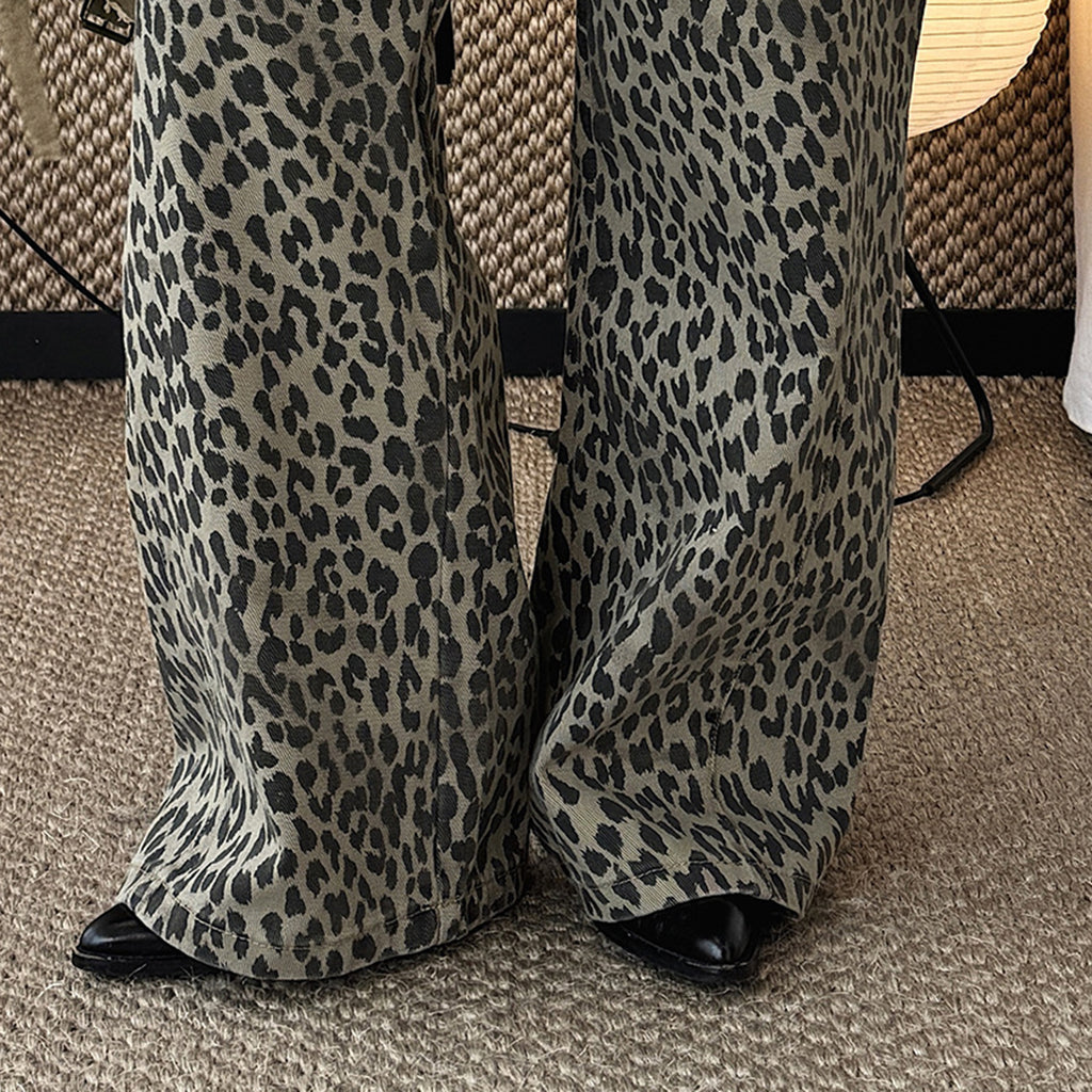 Retro contrasting leopard print loose jeans