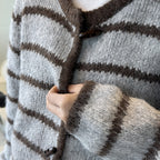 Retro striped horn button plush knitted cardigan top