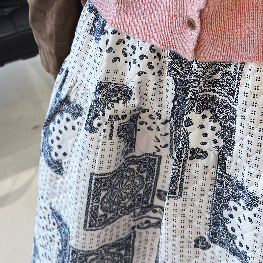 Retro Cashew Flower Splicing Elastic Waist Loose Skirt