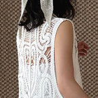 sleeveless long vest lace knit cardigan v neck button down hollow out lightweight layering top