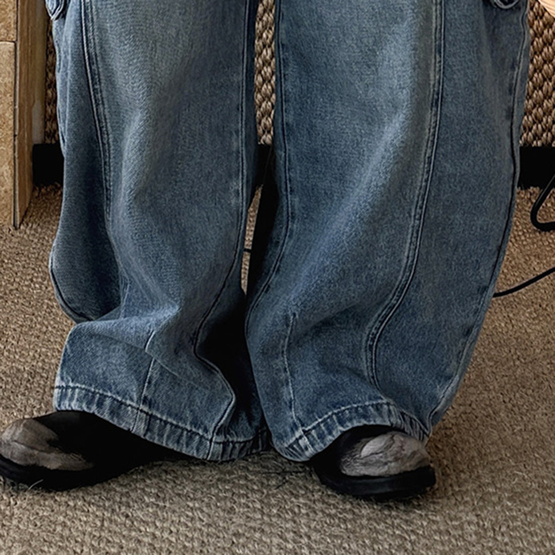 American style spliced large pocket loose wide leg jeans