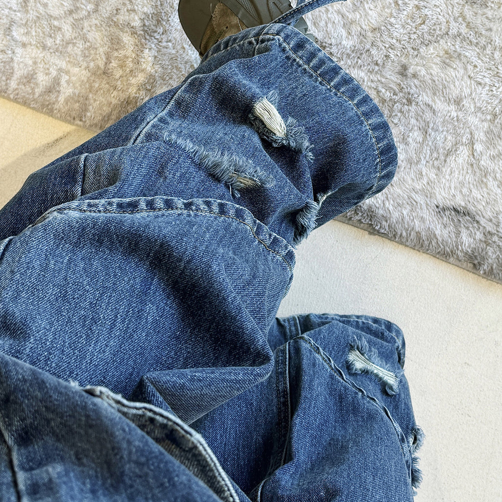 Retro pocket patchwork ripped loose jeans