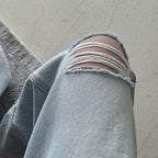 High waisted washed ripped straight leg jeans