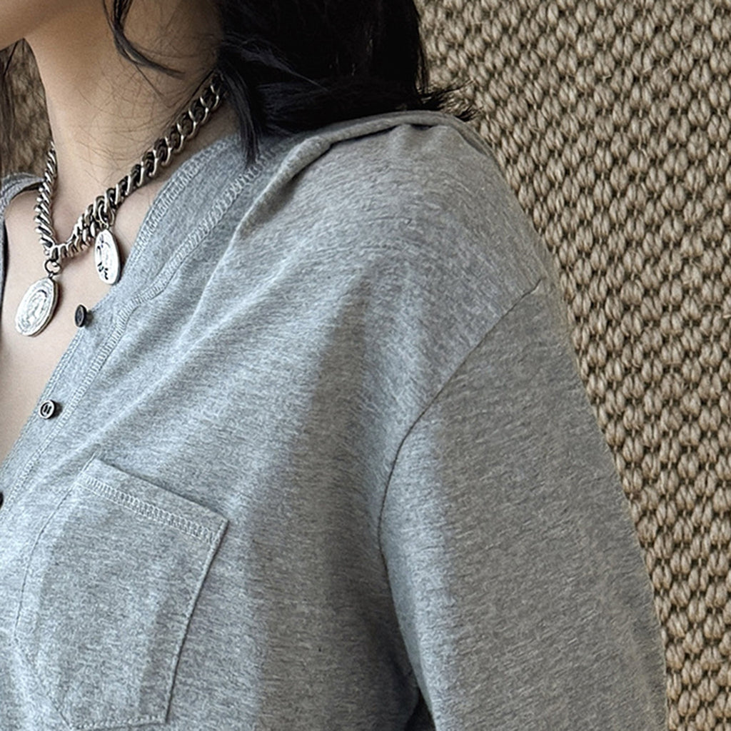 Loose fit v neck long sleeve button shirt top