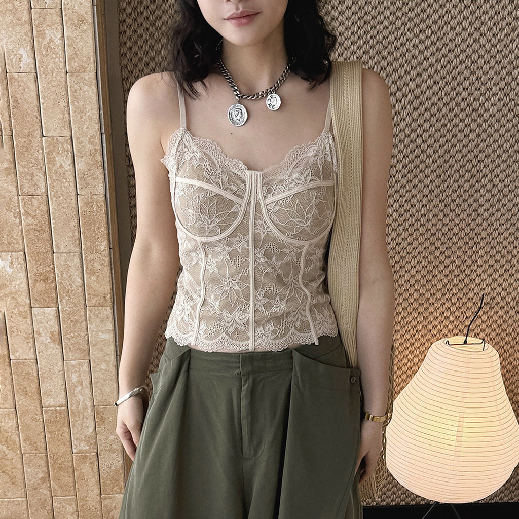 Lace cami top women slim fit corset style spaghetti strap sexy tank top