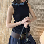 Sleeveless Cotton Blend Tank Top Ruffle Neck Slim Fit Soft Casual Basic Top