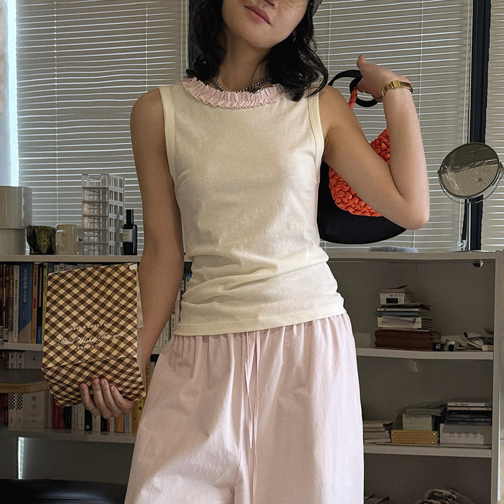 Sleeveless Cotton Blend Tank Top Ruffle Neck Slim Fit Soft Casual Basic Top