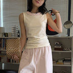 Sleeveless Cotton Blend Tank Top Ruffle Neck Slim Fit Soft Casual Basic Top