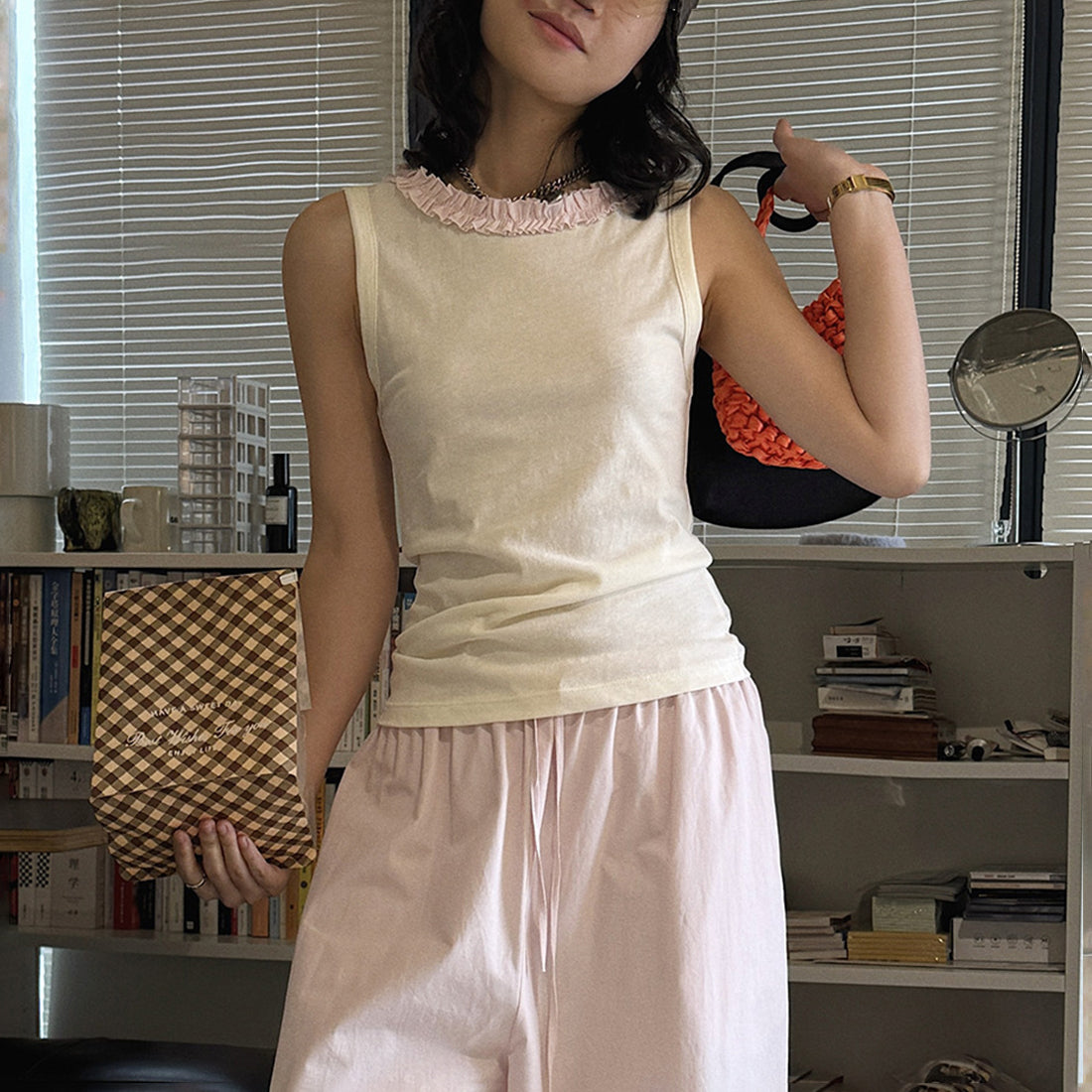 Sleeveless Cotton Blend Tank Top Ruffle Neck Slim Fit Soft Casual Basic Top