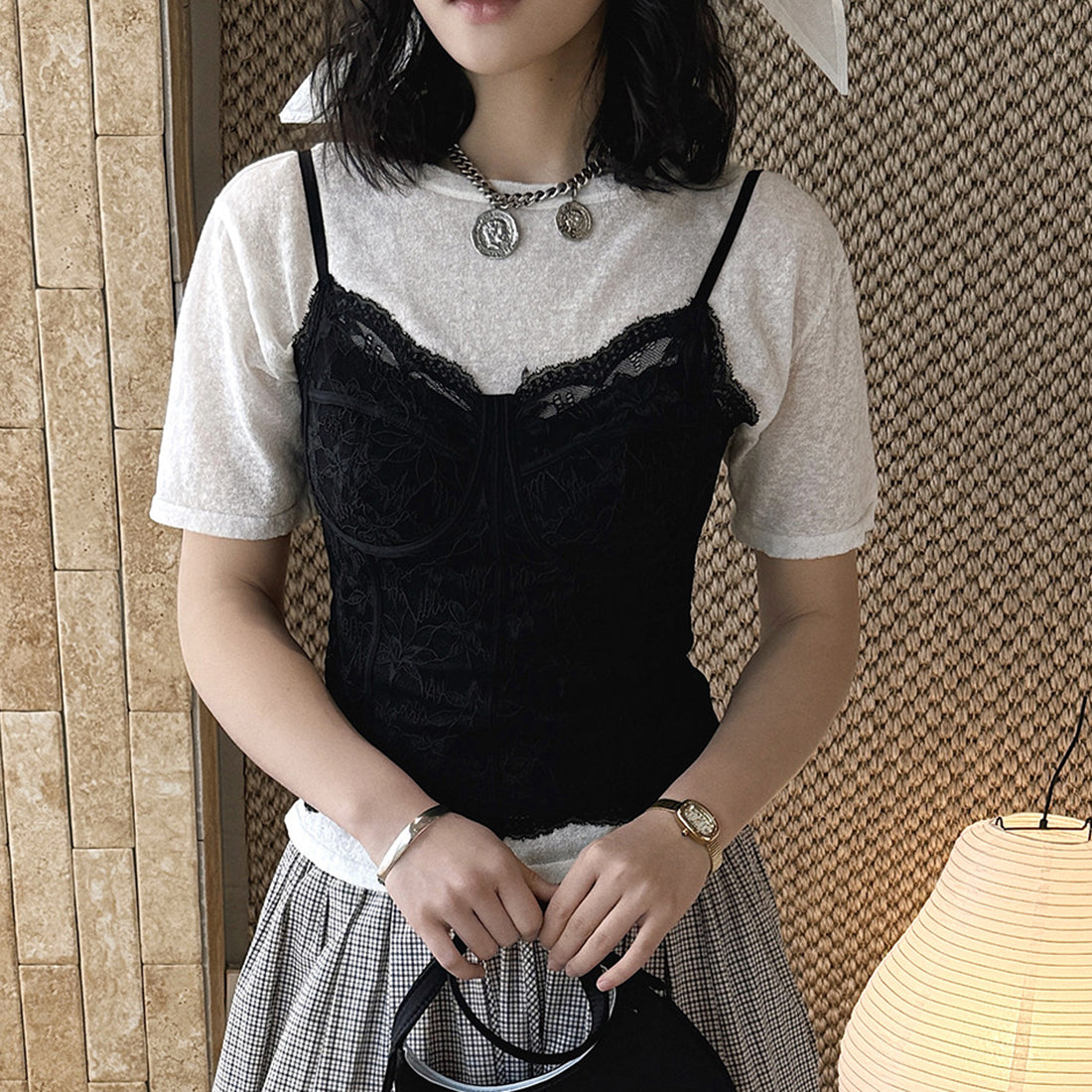 Lace cami top women slim fit corset style spaghetti strap sexy tank top