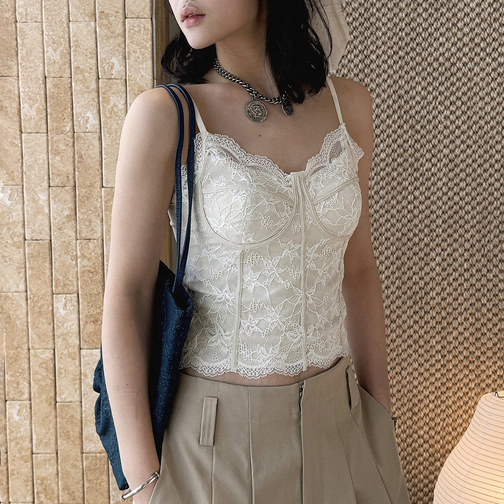 Lace cami top women slim fit corset style spaghetti strap sexy tank top