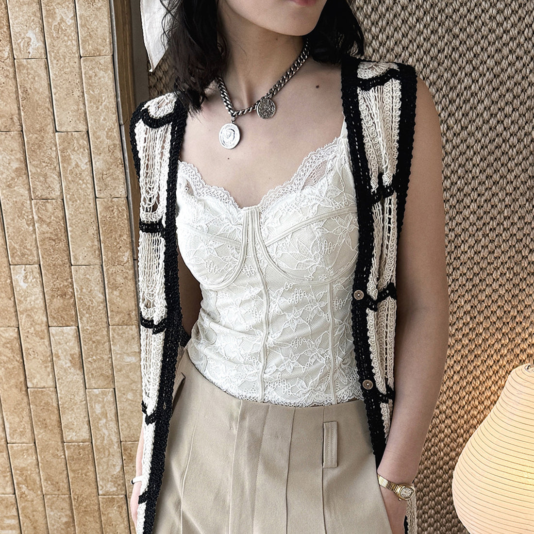 Lace cami top women slim fit corset style spaghetti strap sexy tank top